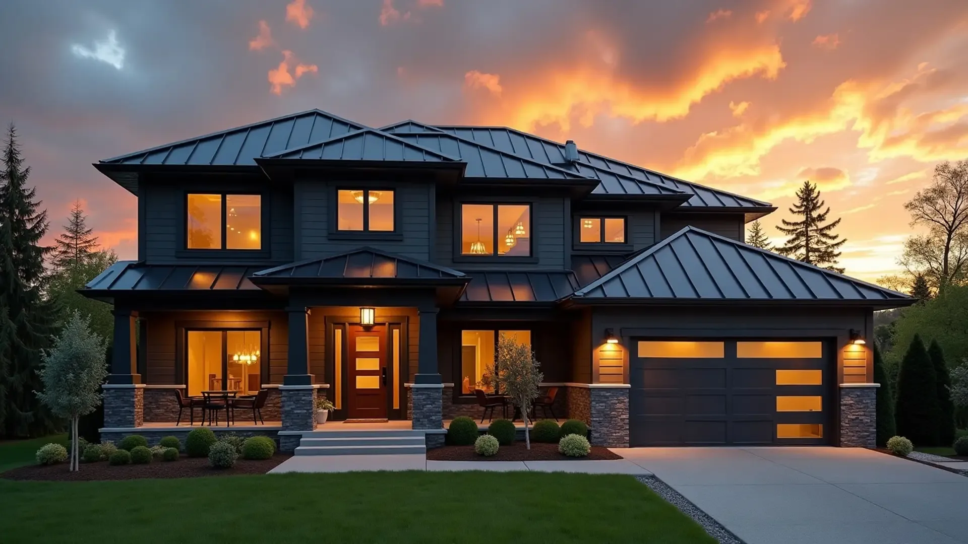 Modern Ontario home with a new dark metal roof at golden hour